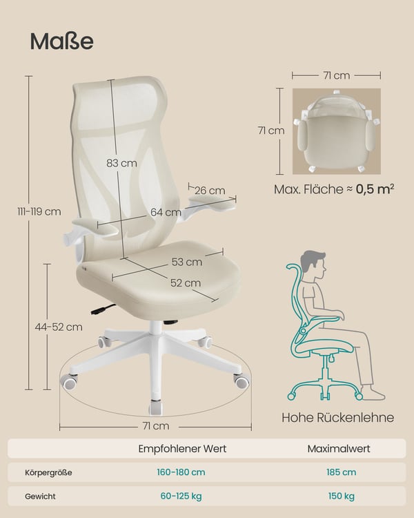 Kontorstol, ergonomisk ryglæn, højdejusterbar, foldbare armlæn, drejestol med nakkestøtte, sort