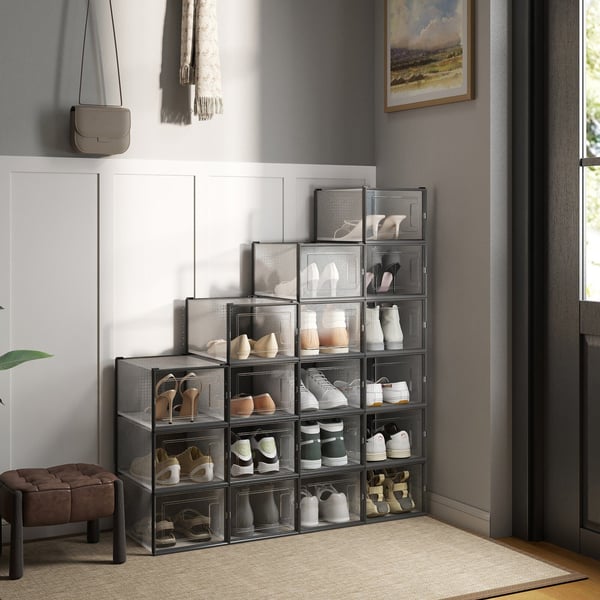 Skoboxar, 18-pack, plast, hopfällbara och stapelbara, 35x25,2x19 cm, transparent