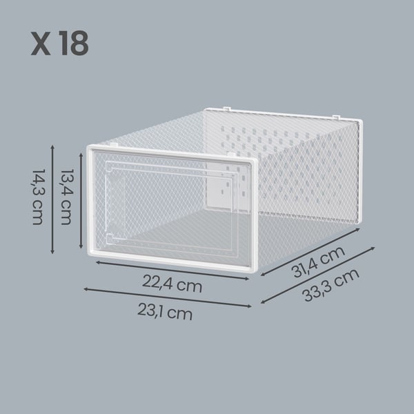 Skobokser, 18 stk, 33,5x23,2x14,3 cm, Transparent Hvit