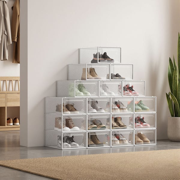 Skobokser, 18 stk, 33,5x23,2x14,3 cm, Transparent Hvit