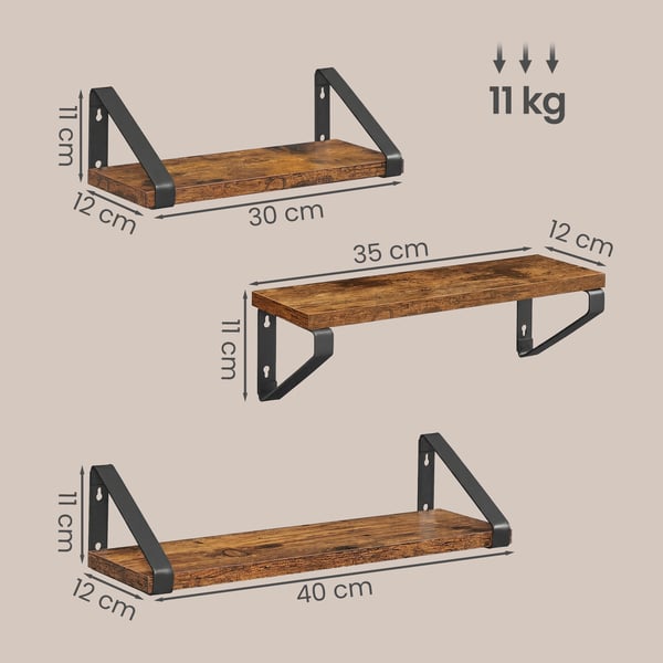 Seinähyllyt, 12x30x11 cm, 12x35x11 cm, 12x40x11 cm, Ruskea
