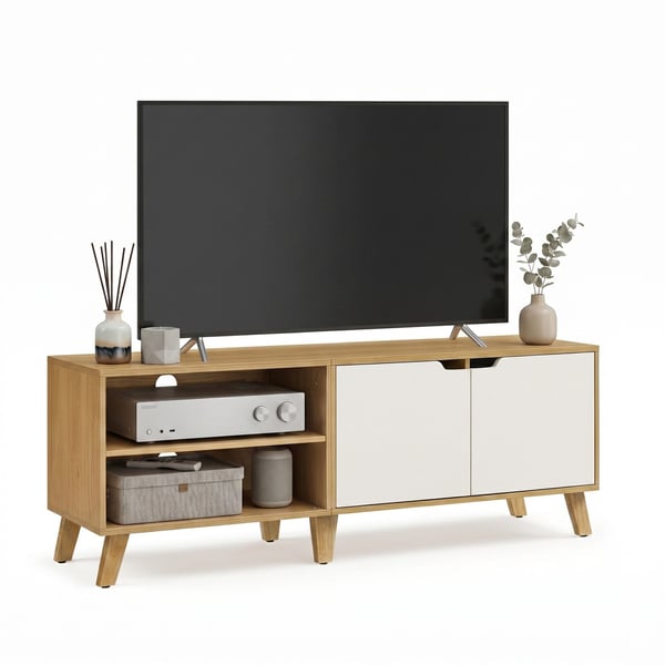 TV-bänk, 140x40x50 cm, Naturlig ek, krämvit