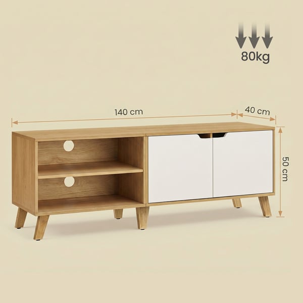 TV-bänk, 140x40x50 cm, Naturlig ek, krämvit