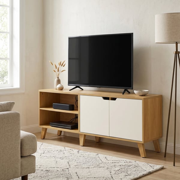 TV-bänk, 140x40x50 cm, Naturlig ek, krämvit