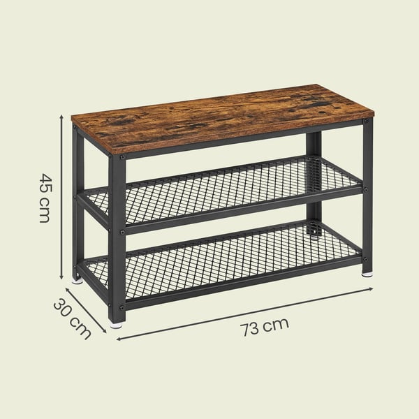 Skobänk med 2 trådhyllor, 30x73x45 cm, brun svart