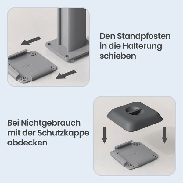 Gulvmontering for side markisestolper, metallplate med plastdeksel, 9,5x9,5x1,3 cm, grå
