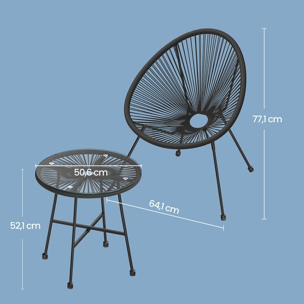 Balkongmöbelset, 2 stolar och glasbord, 64x65x77 cm stol, 50,5x52 cm bord, svart