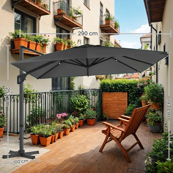 Solparasol, 290x290 cm, Grå