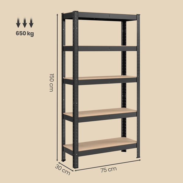 Robust hylle, 30x75x150 cm, Svart