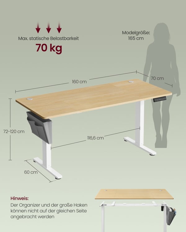 Säädettävä Sähköpöytä, 60x120x72-120 cm, Kultamänty