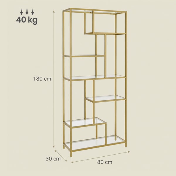 Bokhylla, 30x80x180 cm, Guld