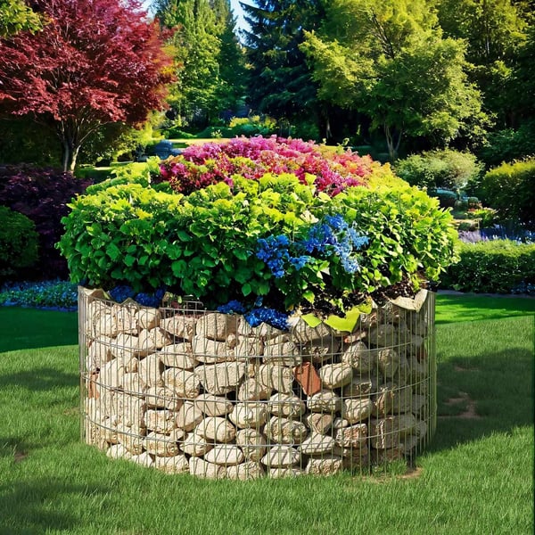 Dekorativ Gabion, Rund Metal Stenkurv, 90x40 cm, Sølv