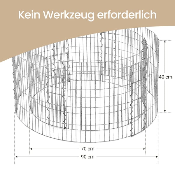Dekorativ Gabion, Rund Metal Stenkurv, 90x40 cm, Sølv