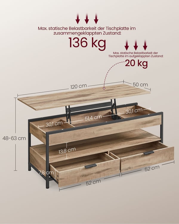 Sofabord, 48-63x50x120 cm, Brun