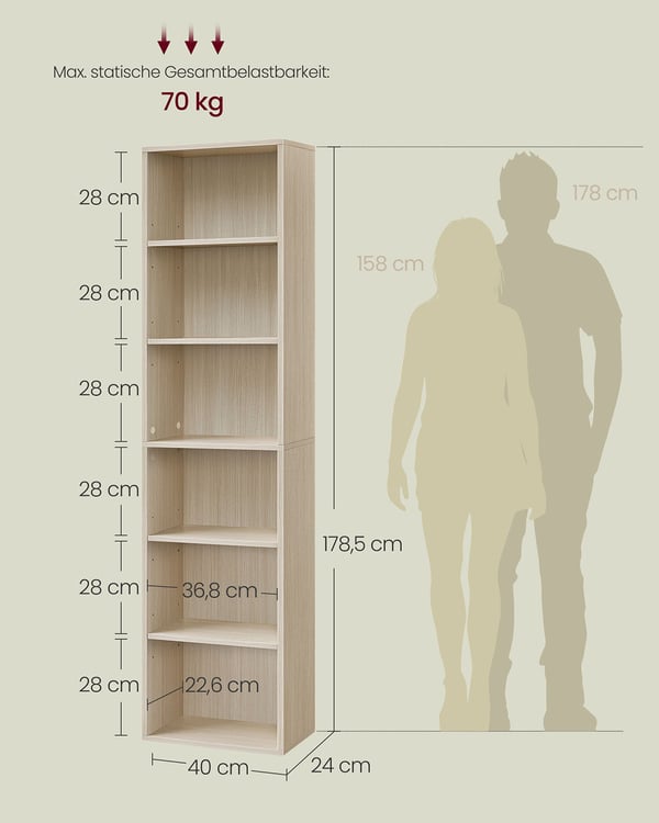 Bokhylle, 40x24x178,5 cm, Beige