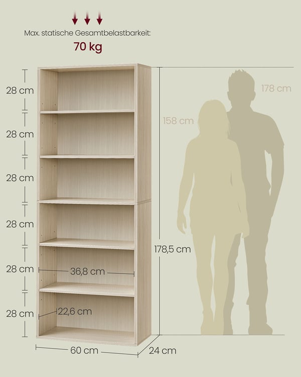 Kirjahylly, 24x60x178.5 cm, Beige