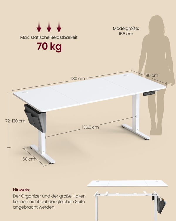 Elektrisk Højdejusterbart Bord, 180x80 cm, Hvid