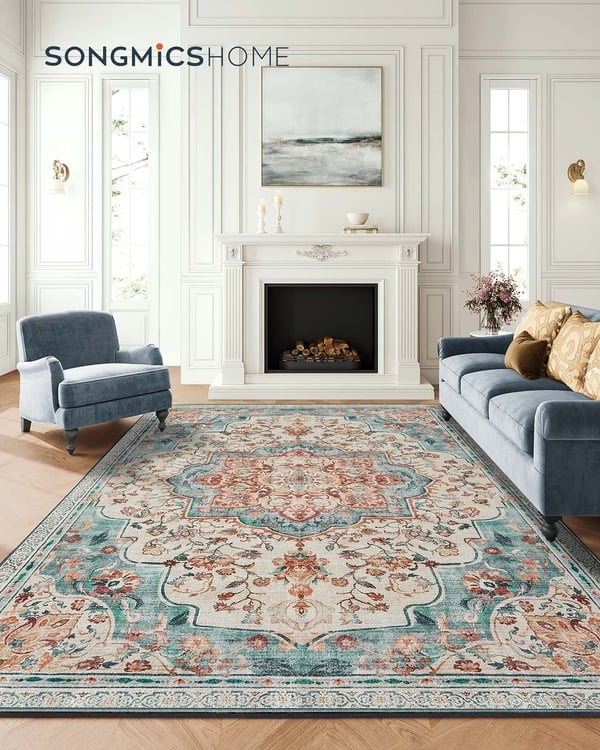 Vintagetæppe, 200 x 290 cm, skridsikker, akvamarinblå