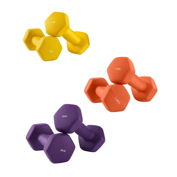 Håndvægtsæt, sekskantet, 2x1 kg 2x1,5 kg 2x2 kg, gul orange lilla