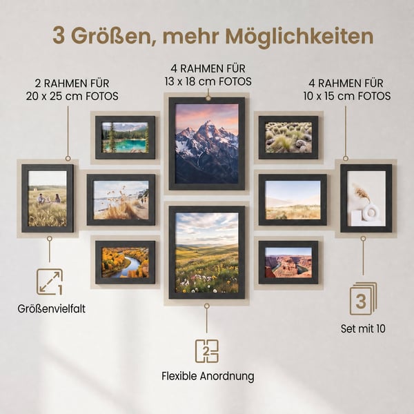 Bilderammer Sett, 20x25 cm, 13x18 cm, 10x15 cm, Svart