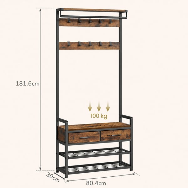 Knagerække med skobænk, 30x80,4x181,6 cm, brun