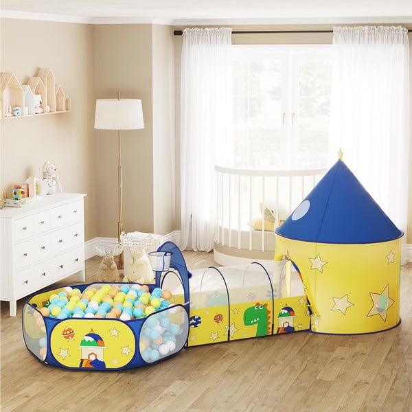 Lekehus, 3-i-1 med tunnel og ballbasseng, 115x110x36 cm, gul