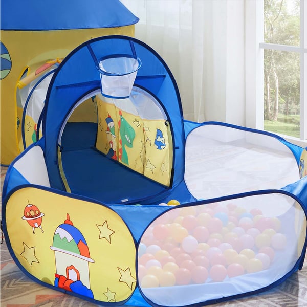 Lekehus, 3-i-1 med tunnel og ballbasseng, 115x110x36 cm, gul