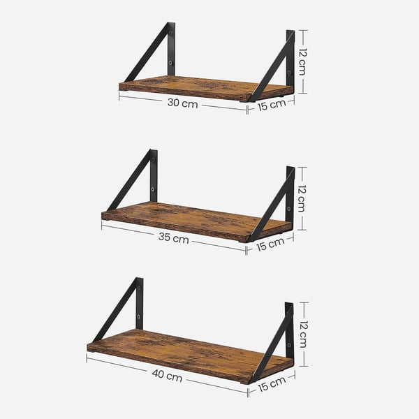 Seinähyllysarja, 15x40x12 cm, 15x35x12 cm, 15x30x12 cm, Ruskea Musta