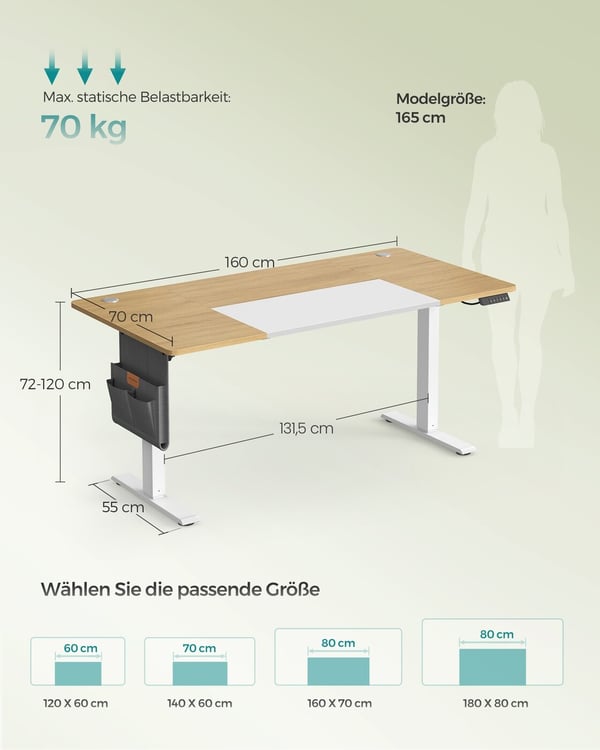 Elektrisk Højdejusterbart Skrivebord, 70x160x72-120 cm, Gul