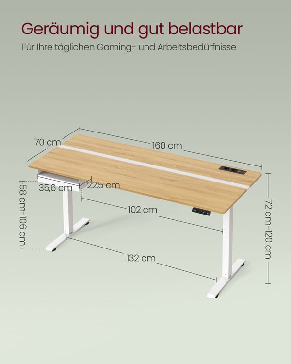 Elektrisk Hæve-/Sænkebord, 70x160x72-120 cm, Guld Eg