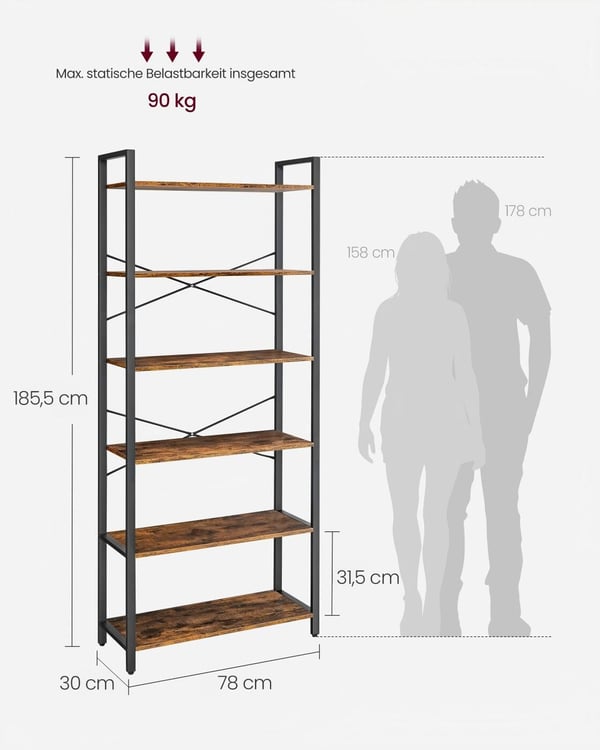 Bogreol, 80x30x186 cm, Brun-sort