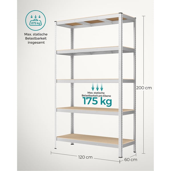 Robust hylde, 200x120x60 cm, sølv Robust hylde, 200x120x60 cm, sølv