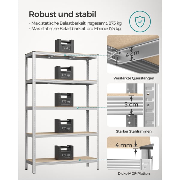 Robust hylde, 200x120x60 cm, sølv