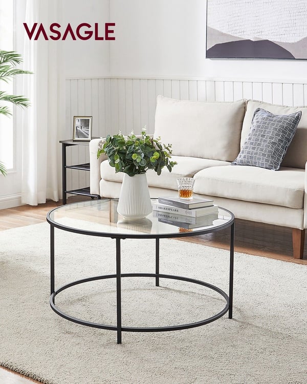 Rundt sofabord med hærdet glas, 84 × 45,5 cm, sort