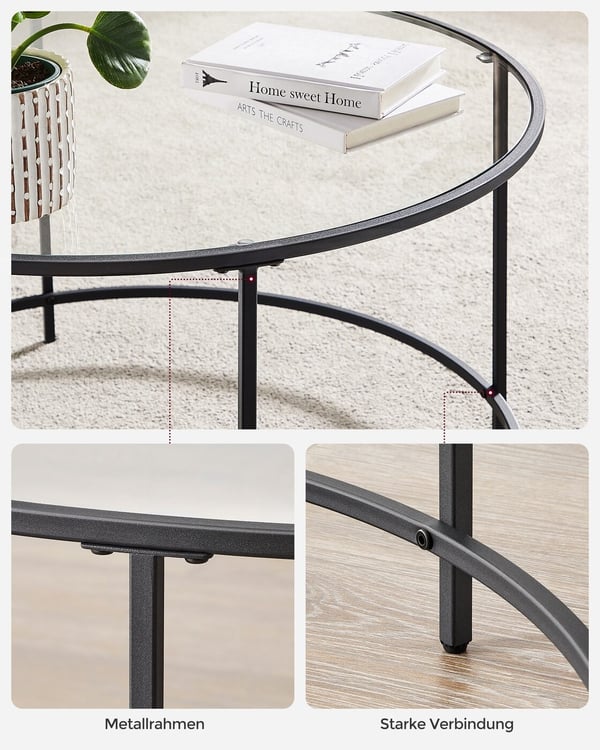 Rundt sofabord med hærdet glas, 84 × 45,5 cm, sort