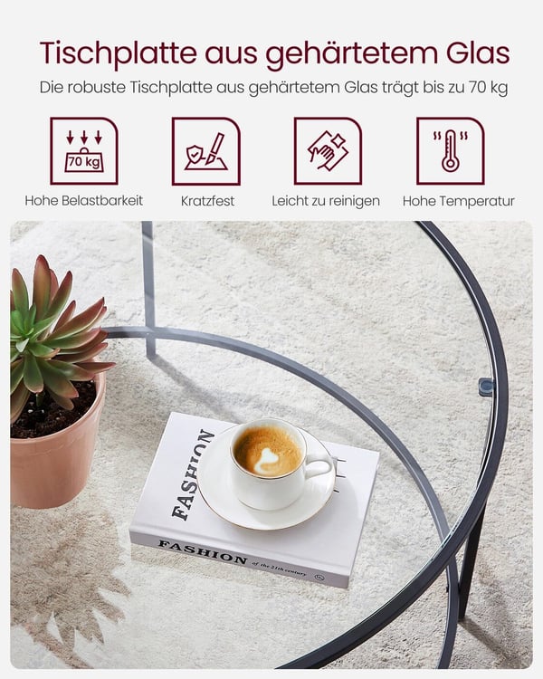 Rundt sofabord med hærdet glas, 84 × 45,5 cm, sort