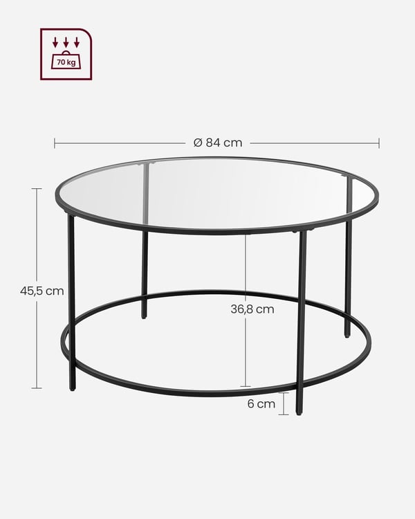 Rundt sofabord med hærdet glas, 84 × 45,5 cm, sort