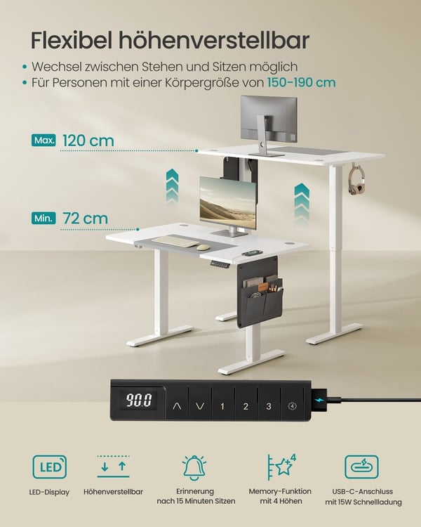 Elektrisk hev- og senkbart skrivebord, 120x60x72-120 cm, hvitt