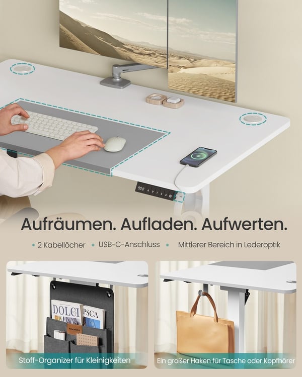 Elektrisk hev- og senkbart skrivebord, 120x60x72-120 cm, hvitt