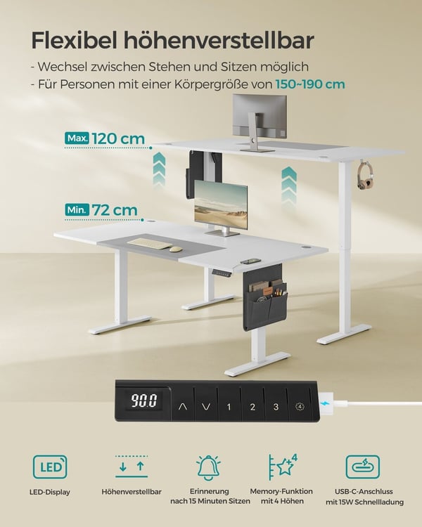Elektriskt höj- och sänkbart skrivbord, 70x160x72-120 cm, vitt