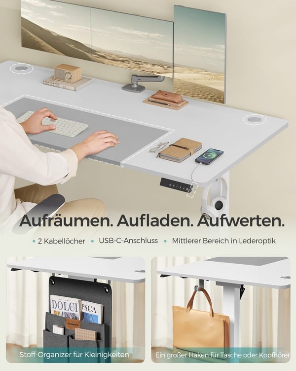 Elektriskt höj- och sänkbart skrivbord, 70x160x72-120 cm, vitt