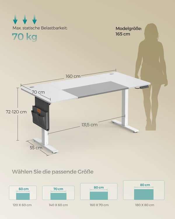 Elektriskt höj- och sänkbart skrivbord, 70x160x72-120 cm, vitt