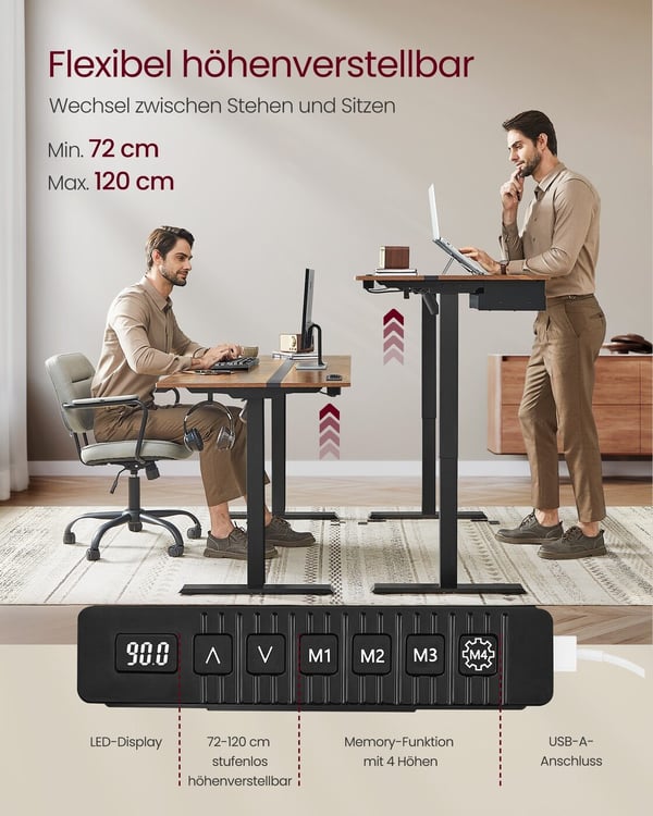 Elektrisk Højdejusterbart Skrivebord, 70x160x72-120 cm, Brun