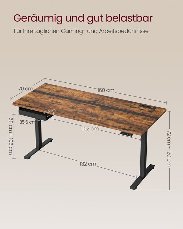 Elektrisk Højdejusterbart Skrivebord, 70x160x72-120 cm, Brun