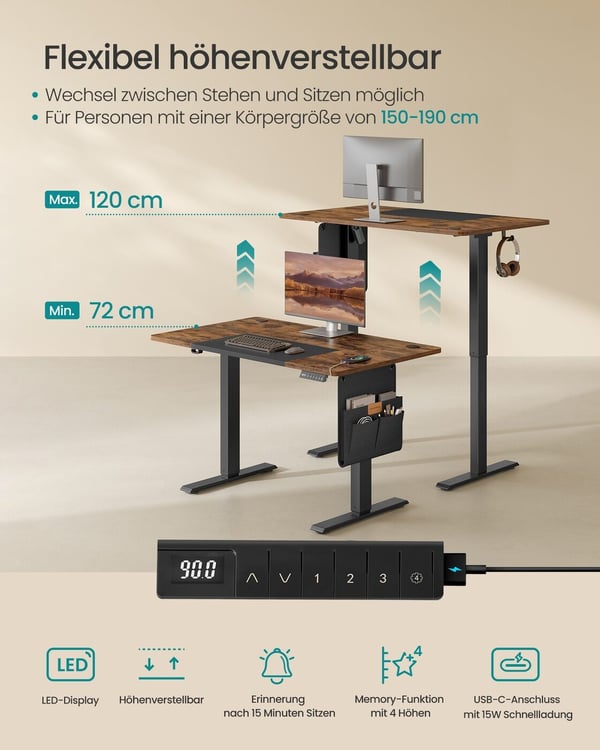 Elektrisk Højdejusterbart Skrivebord, 120x60x72-120 cm, Brun