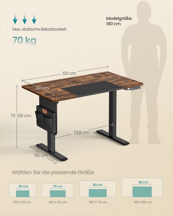 Elektrisk Højdejusterbart Skrivebord, 120x60x72-120 cm, Brun