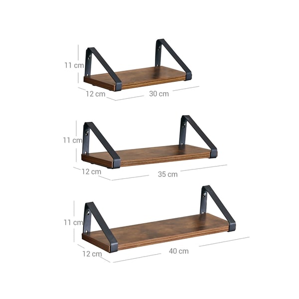 Seinä hyllysetti, 30x12x11 cm, 35x12x11 cm, 40x12x11 cm, Ruskea Musta