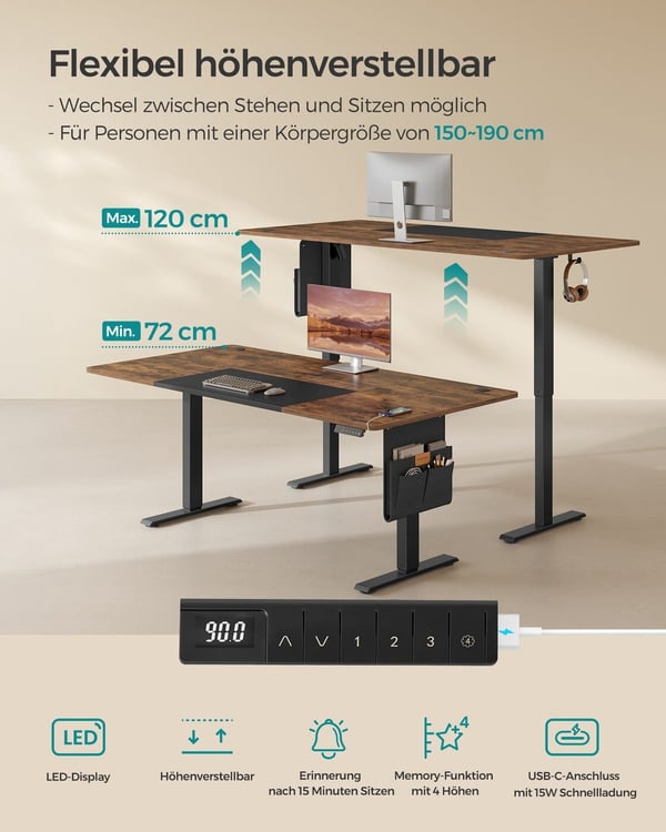 Justerbart skrivebord, 70x160x72-120 cm, brun