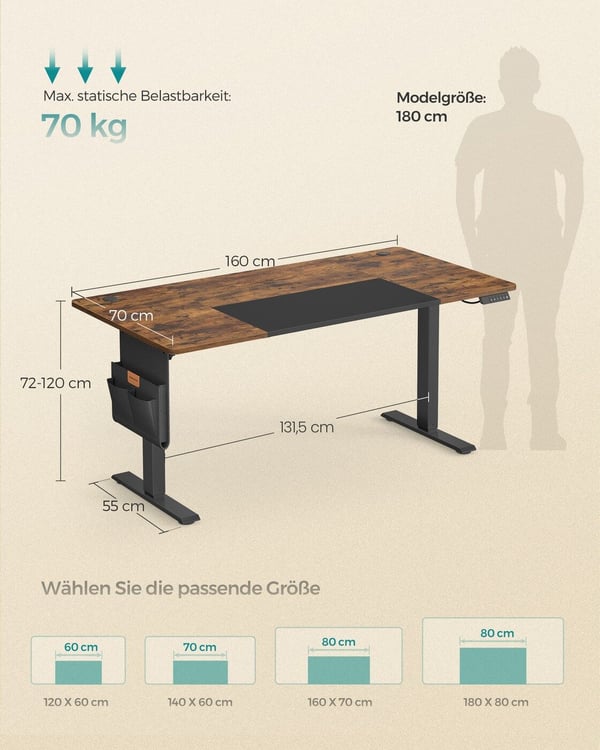 Justerbart skrivebord, 70x160x72-120 cm, brun