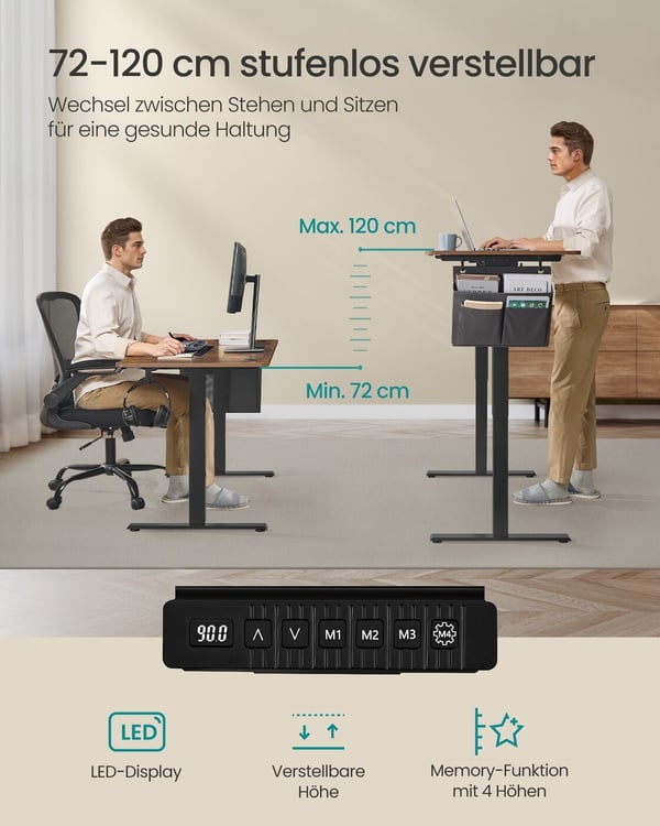 Elektrisk høydejusterbart skrivebord, 140x60x72-120 cm, brun svart
